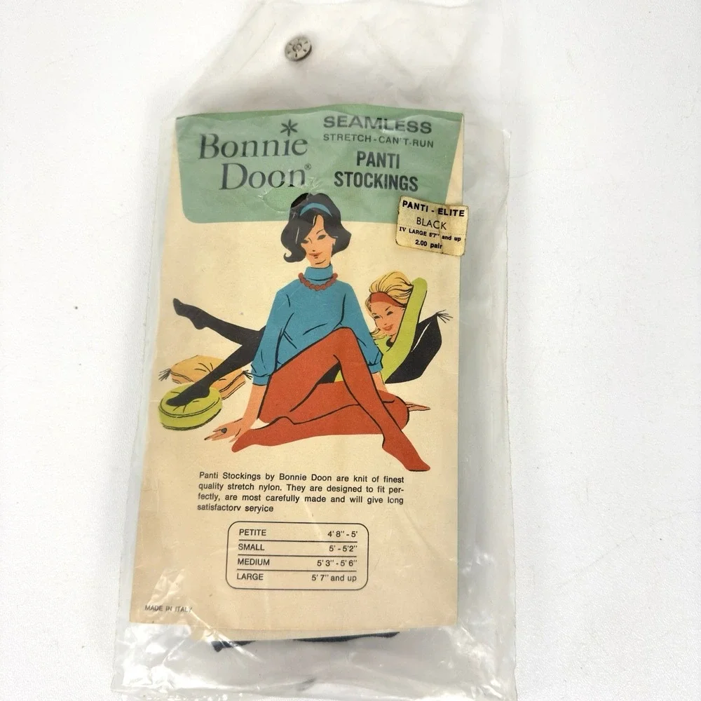 Vtg Bonnie Doon Pantyhose Panti-Stocking Large Black Nylons Seamless 60s Italy